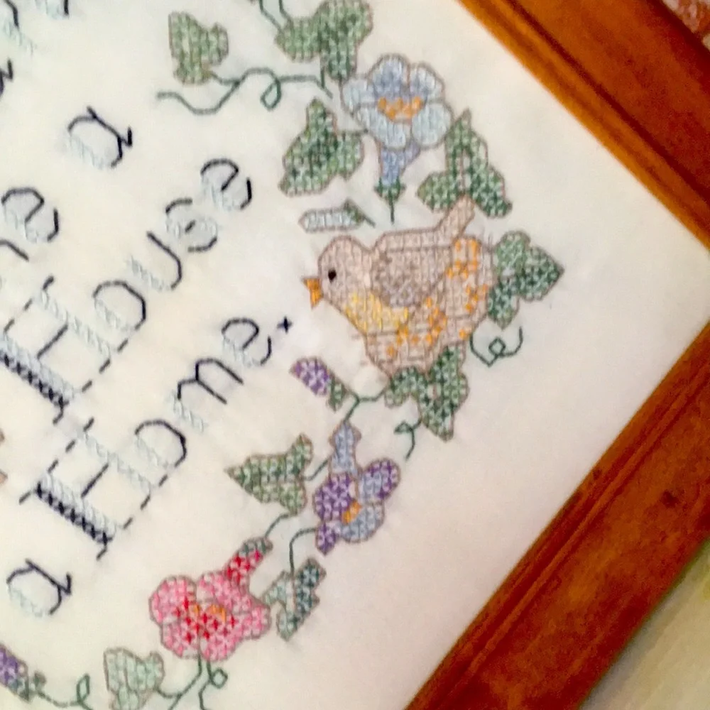 Vintage Wood Framed Handmade Inspirational Floral Cross Stitch